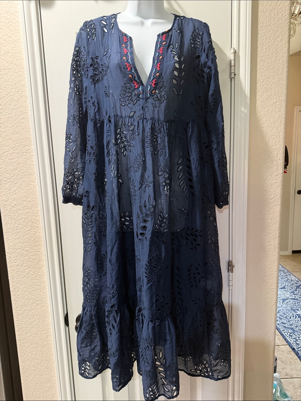 Johnny Was  Vera  Navy Blue Embroidered Eyelet Midi Dress Sundress NO SLIP